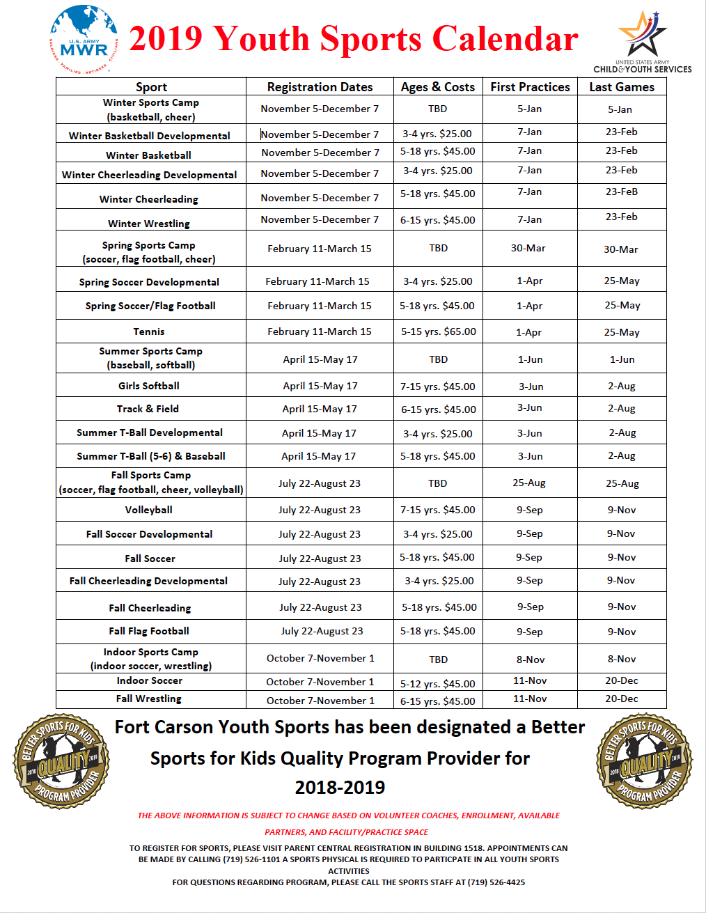 US Army MWR View Event 20182019 Youth Sports Calendar